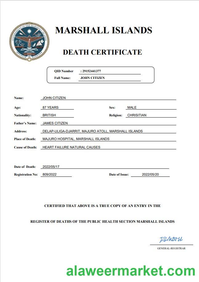 Marshall Islands vital record death certificate Word and PDF template